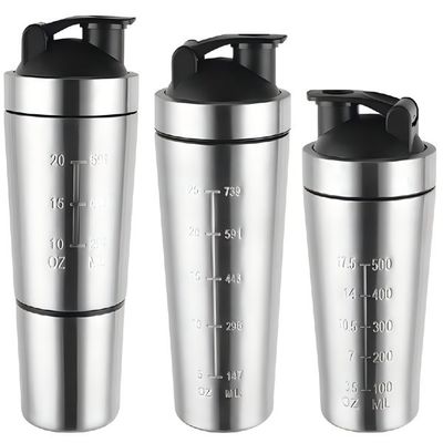 kopen 500/750ml Gemakkelijk te dragen zilver aangepaste roestvrij staal eiwitshaker fles roestvrij staal fitnessshaker met mengbal BPA vrij brede mond online manufacture