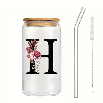kopen Uitstekend op maat gemaakt logo 16oz Sublimatie glas waterfles helder bloemige letters cola blik glasbekers met bamboe deksel en stro 8 * 15cm online manufacture