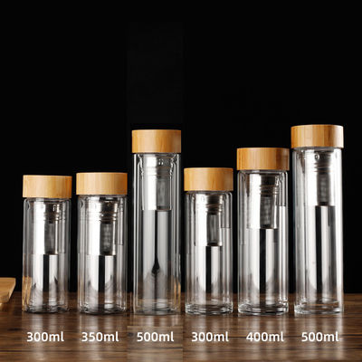 kopen Custom Logo Leakproof Dubbele wand Thee Infuser Fles Dubbele geïsoleerde glazen waterfles met bamboe deksel 350ml/400ml/450ml herbruikbaar Eco Friendly online manufacture
