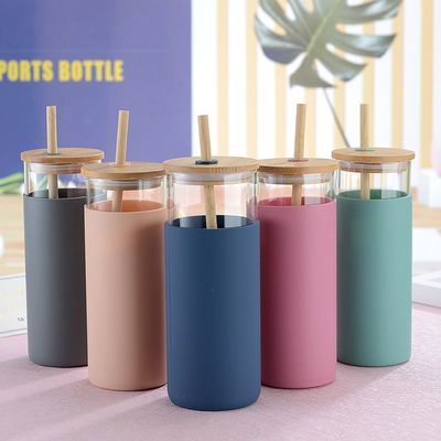 kopen Geweldige esthetische hoge borosilicaat glas blik in de vorm van een beker Glas koffiebeker met stro bamboe deksel voor kantoor grote capaciteit gemakkelijk te gebruiken in het dagelijks leven online manufacture