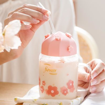 kopen Hoog uiterlijk niveau Cherry Blossom glasbeker met stro siliconen deksel schattig bloem meisje drinkbeker online manufacture