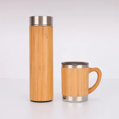 kopen 500 ml Custom Logo Bamboe Fiber Houten Drinkfles Met Filterbeker Vacuümflasjes Waterfles Met Bamboe Deksel Thee-infuser online vervaardiging