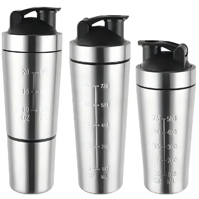 kopen 500/750ml Gemakkelijk te dragen zilver aangepaste roestvrij staal eiwitshaker fles roestvrij staal fitnessshaker met mengbal BPA vrij brede mond online manufacture
