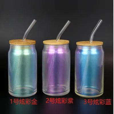 Kleuren glazen bekers met deksels en rieten 18oz Borosilicaat glas Iced koffiebekers Smoothie met bamboe deksel Glas rieten herbruikbare kleurrijke glaswaren sets 4 pakketten