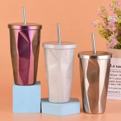 Modieus ontwerp 480 ml gepersonaliseerde roestvrijstalen mok met stro landschapstijl helling onregelmatige roestvrijstalen thee mok voor reizen