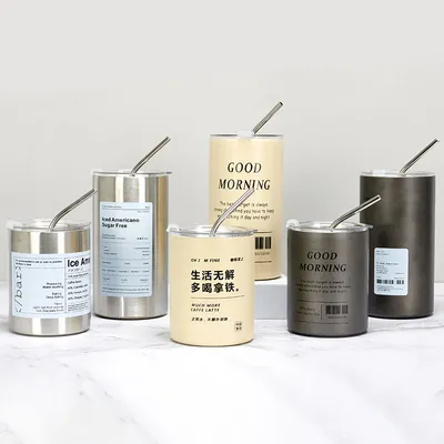 12oz Straight Mugs IJskop Tumbler Roestvrij staal Thermos Geïsoleerde Koffie Thee Mug Bier Drinkbeker Met Straw Deksel