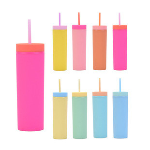 Slanke Tumblers met Deksel en Rietjes 6-Pack 16oz Matte Pastel Gekleurde Slanke Acryl Dubbelwandige Plastic Hoge Slanke Tumblers Bulk Voor Koude Warme Dranken